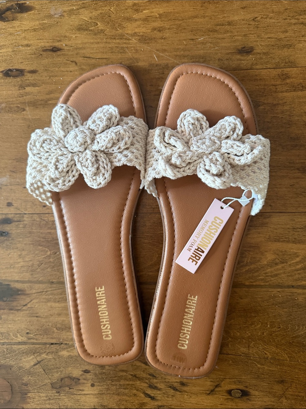 Women's Tan Slide Sandals with Cream Crochet Flowers Cushionare